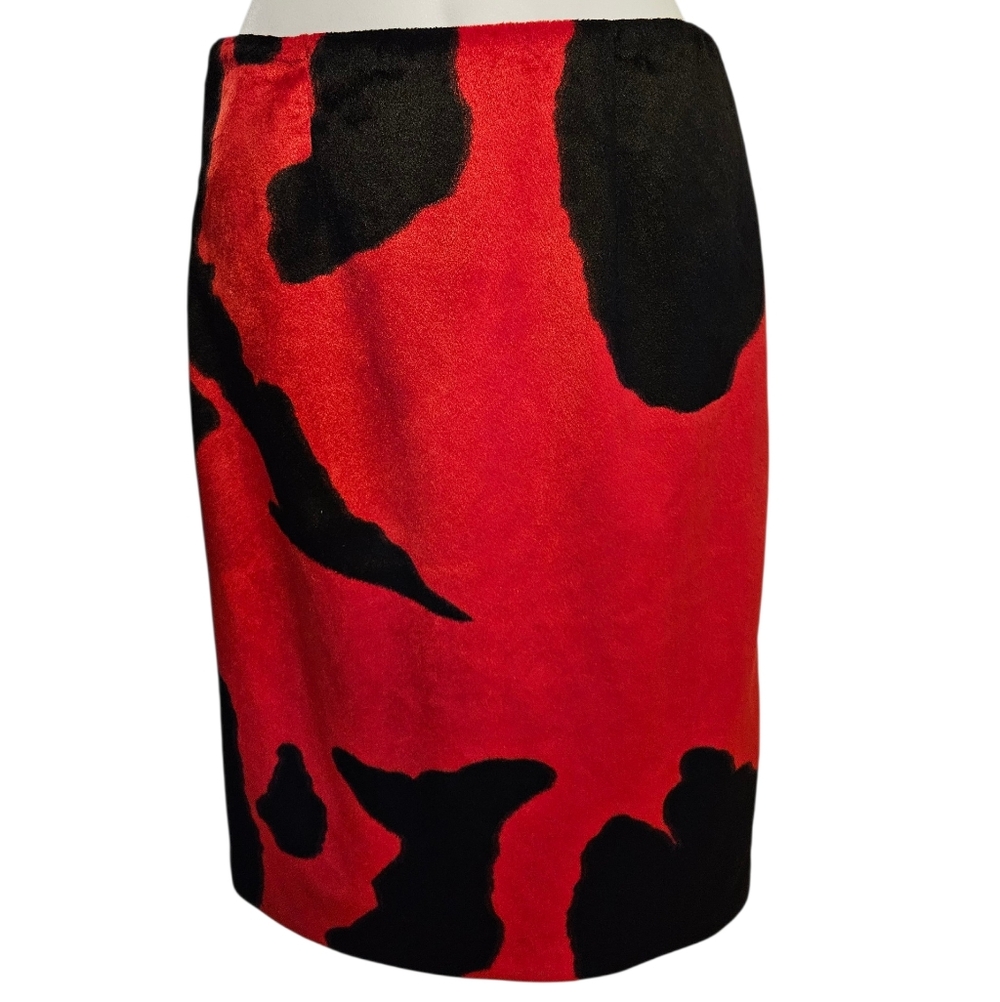 NWT Red and Black Cow Print Cowhide Imitation Fuzzy Pencil Skirt XS
